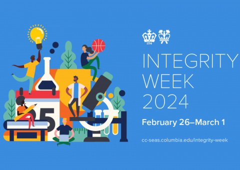 Blue background with clip art of students and text that reads Integrity Week 2024 February 26 to March 1, 2024 