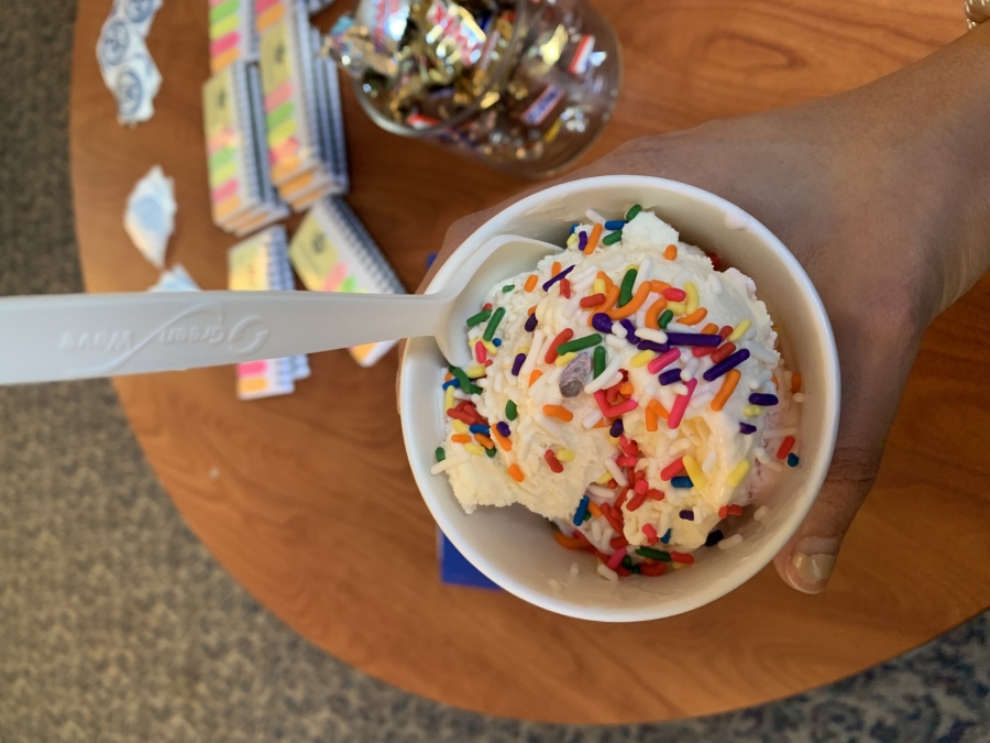 Ice cream and SWAG on a table. 