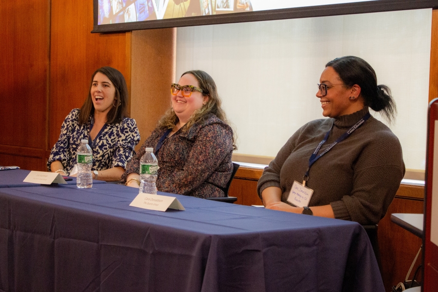 Natasha Carroll-Manuselis, Lia Hartman, and Cara Donaldson (left to right) speak on a panel at the Columbia University Center for Career Education's 2023 Creative Industries Panel